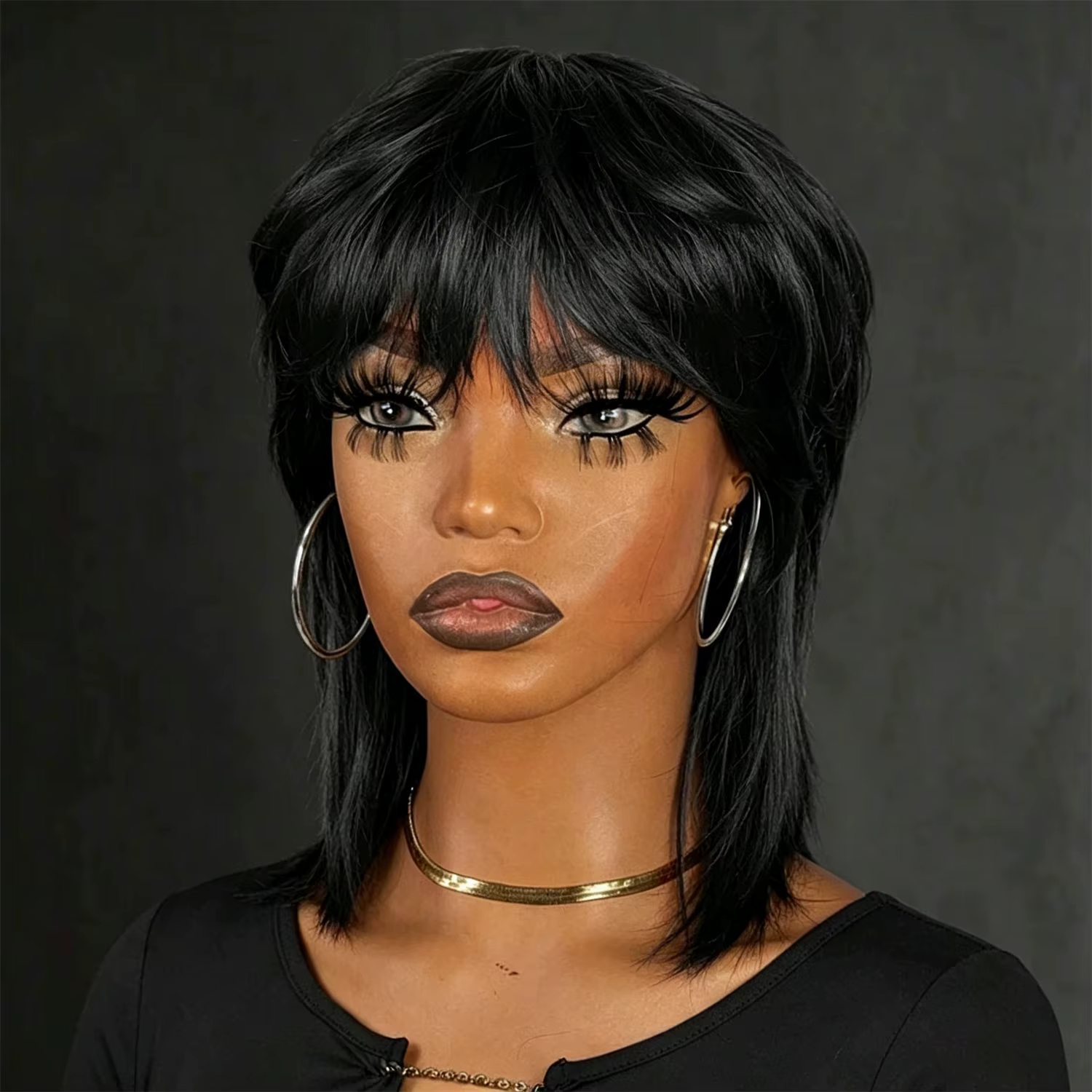 Perruque Mullet en cheveux humains, coupe Pixie pour femmes noires, style années 80-90, avec frange,