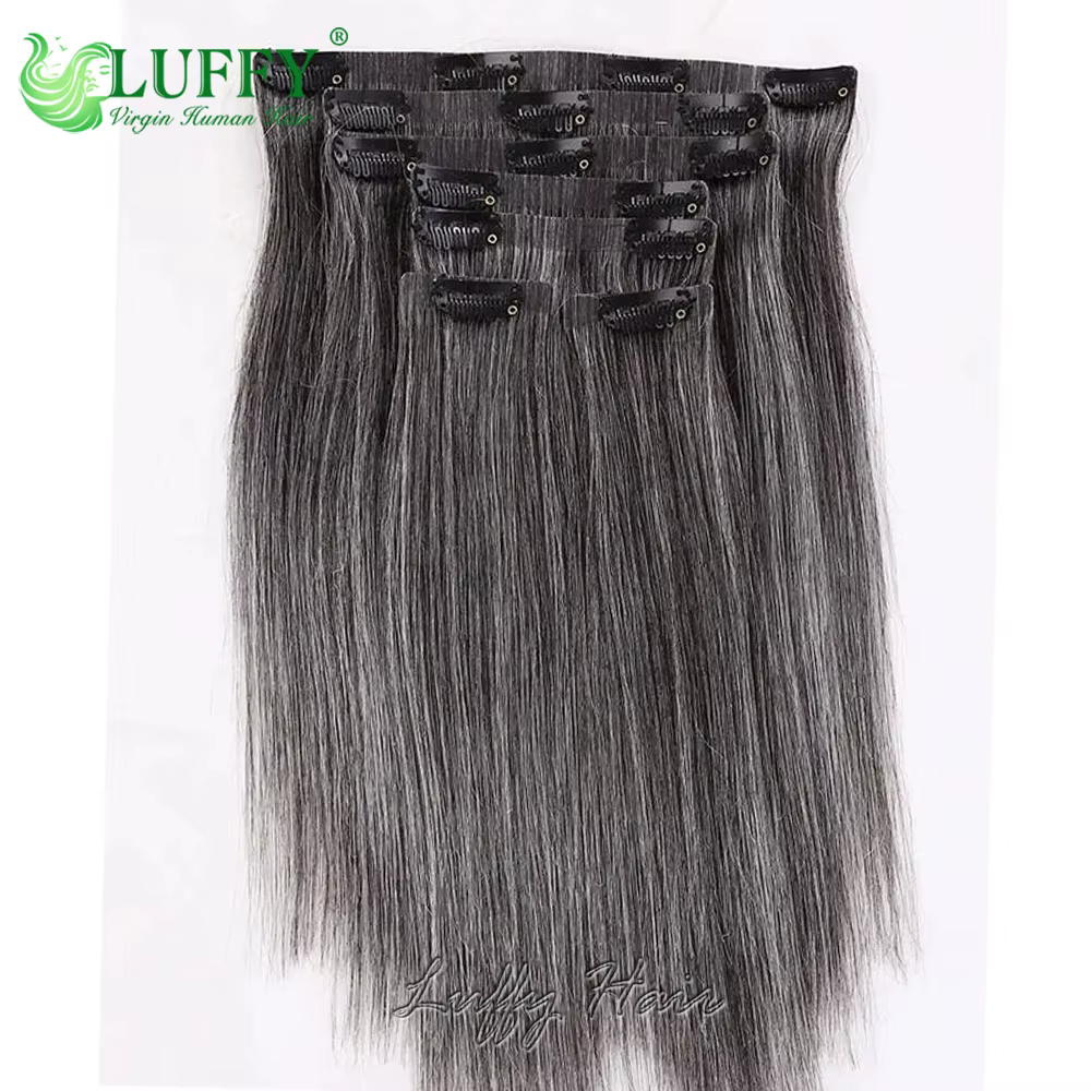 Extensions de cheveux à clipser en PU sans couture, lisses, en cheveux humains, couleur gris, pour f