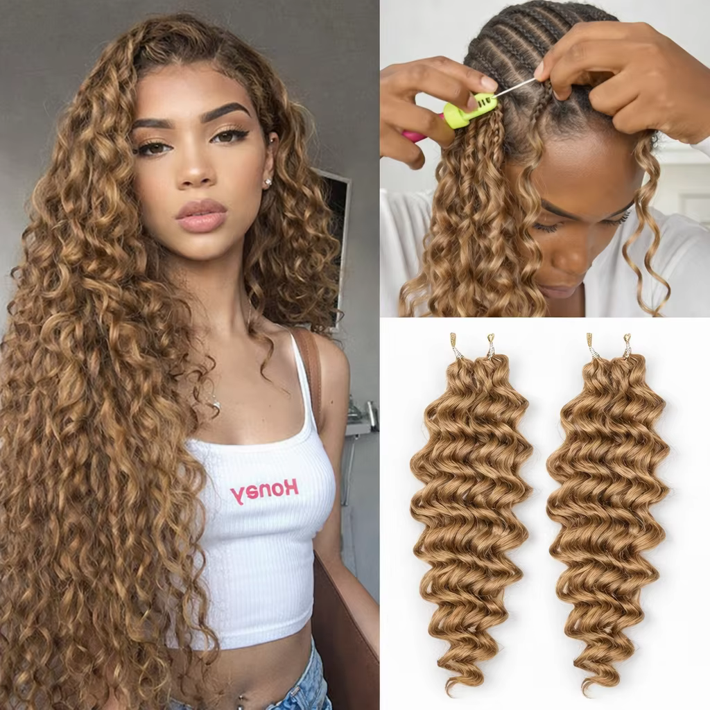 Extensions de cheveux humains au crochet 15A Honey Brown Deep Wave, pré-séparées, cheveux brésiliens