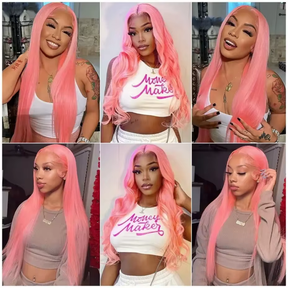 Perruques Lace Front HD 13x6 en cheveux humains, couleur rose clair, lisses comme des baguettes, pou