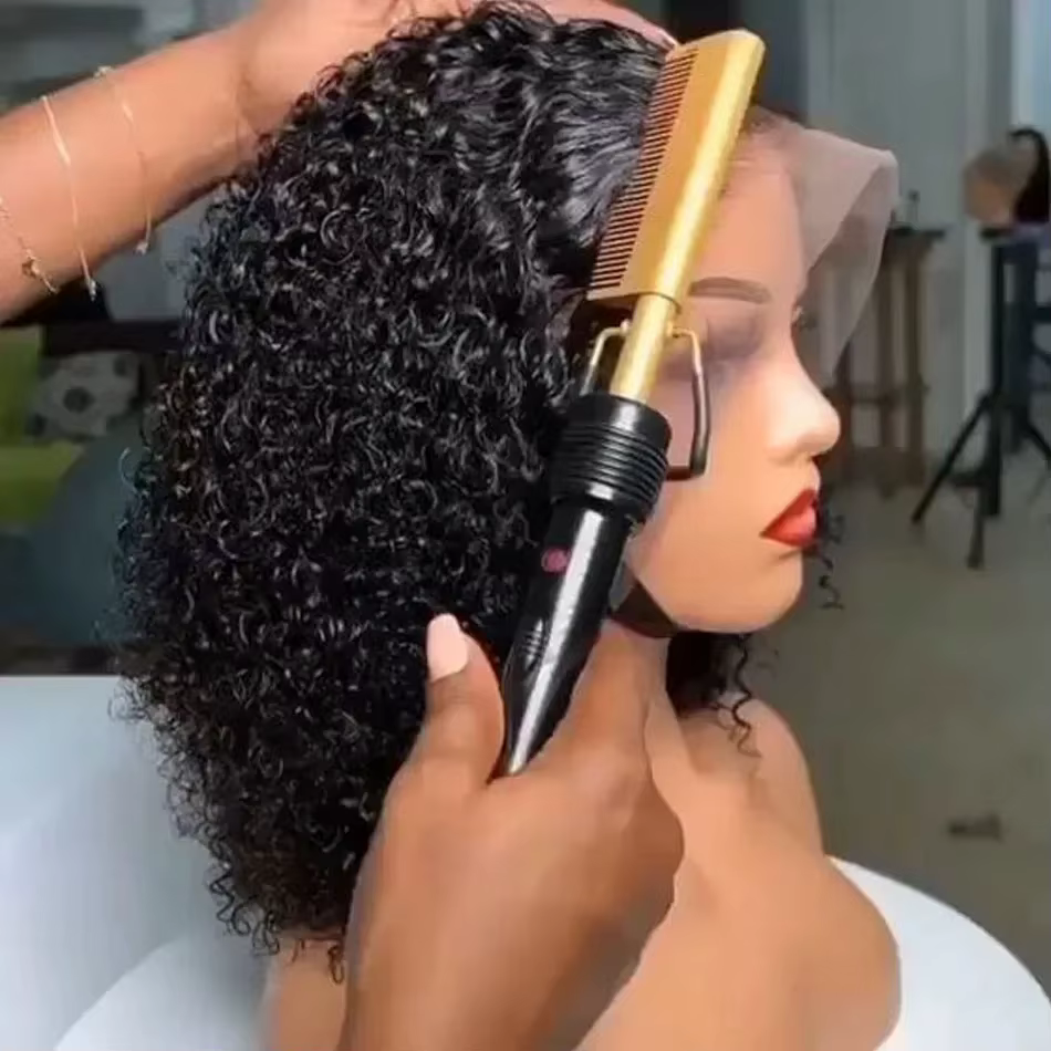 Perruques sans colle 100% cheveux humains prêts à porter crépus bouclés courts Bob perruques pour le