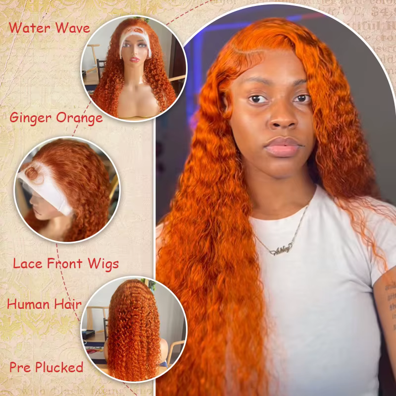 Perruque Lace Front Wig 350 naturelle brésilienne, cheveux humains, Deep Curly, couleur orange, 13x4