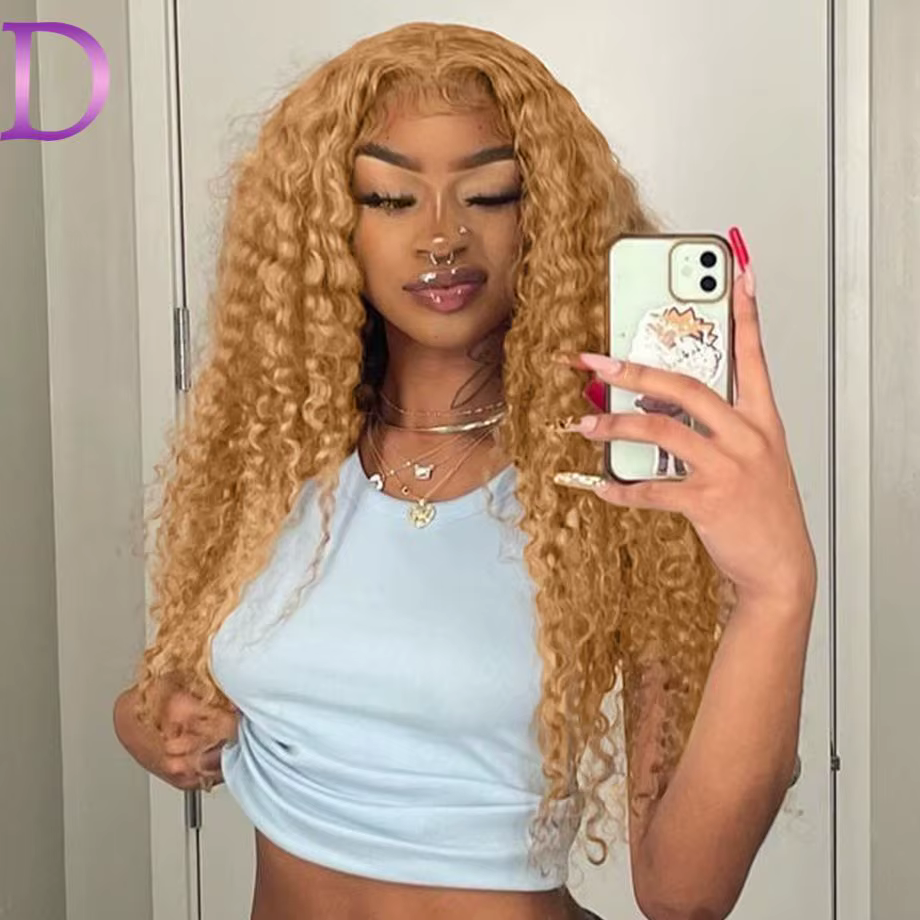 Dialola Perruque Cheveux Humains Bouclés Deep Wave Blonde Miel Couleur 27 Dentelle Frontale 13x4 13x