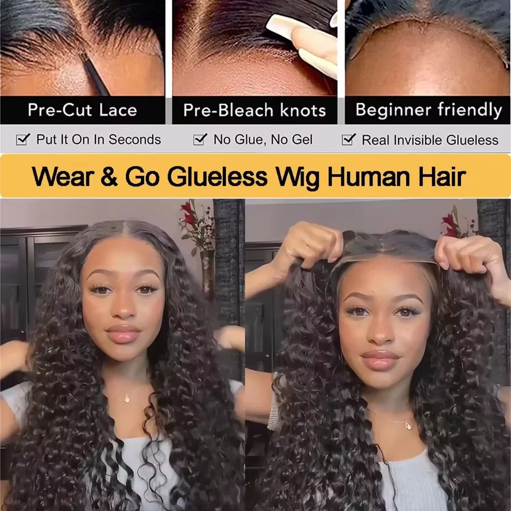 Perruque Wear & Go 30-32 pouces, Deep Wave, nœuds pré-décolorés, closure en dentelle 5x5, sans colle