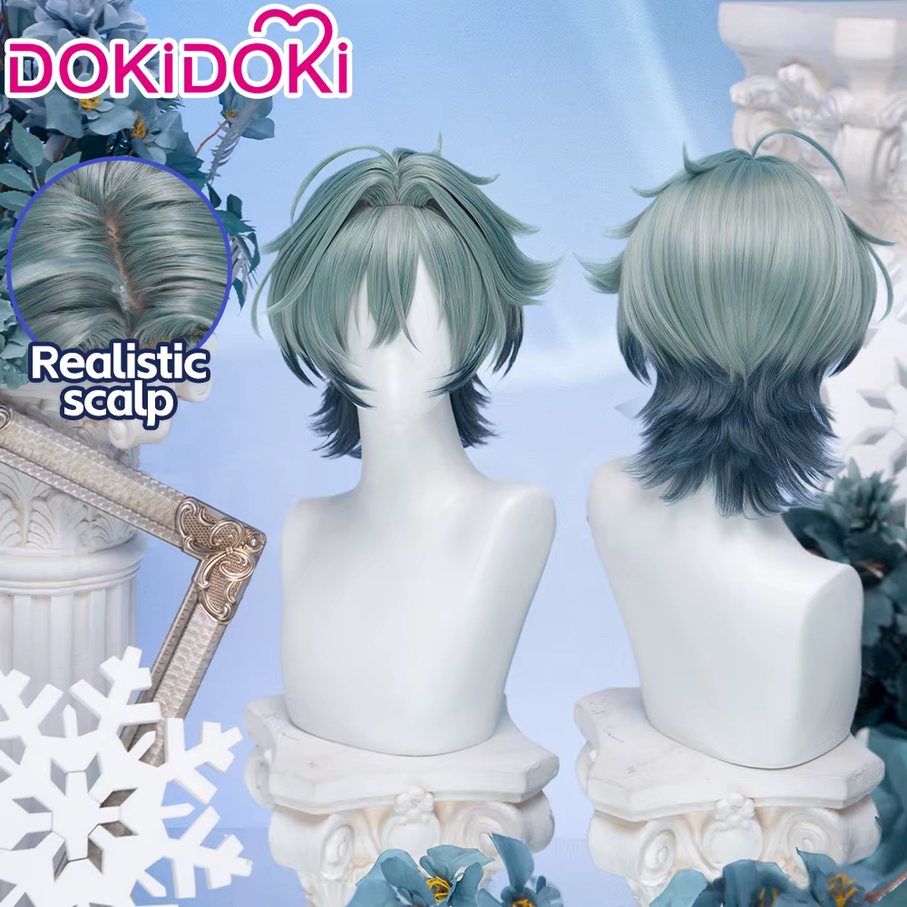 Perruque Lohen Genshin Impact DokiDoki pour homme, cheveux verts courts de 33 cm, perruque de cospla
