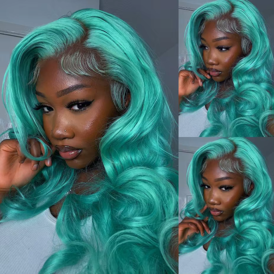 13x6 Cyan bleu dentelle avant perruque vague de corps vert clair dentelle avant perruque cheveux hum