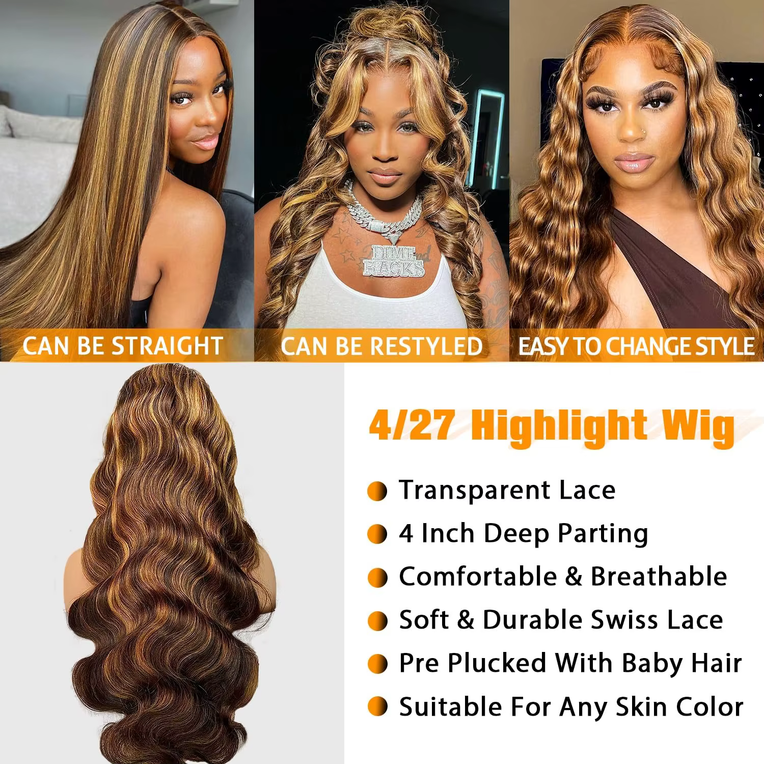 Perruque Frolo Body Wave 13x6 HD Lace en Cheveux Humains Péruviens, Mèches Blondes 4/27 Ombré Marron