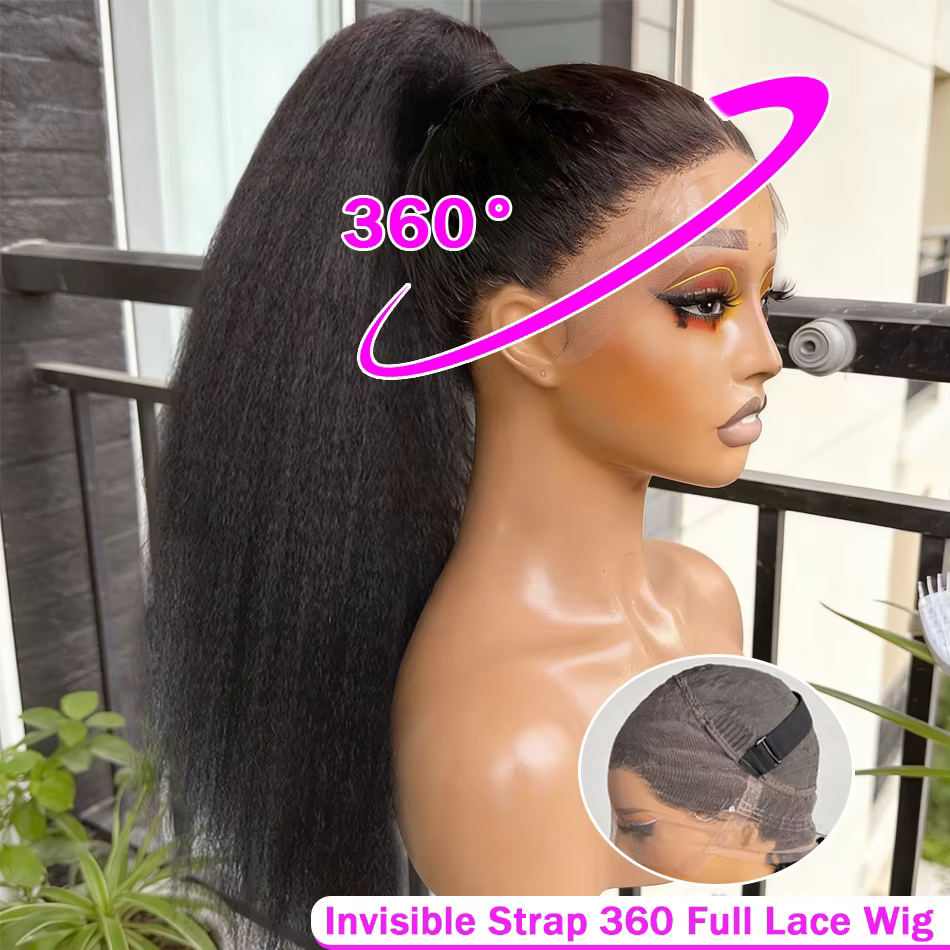 Crépus droite Invisible sangle 360 pleine Hd dentelle frontale perruque de cheveux humains Yaki droi