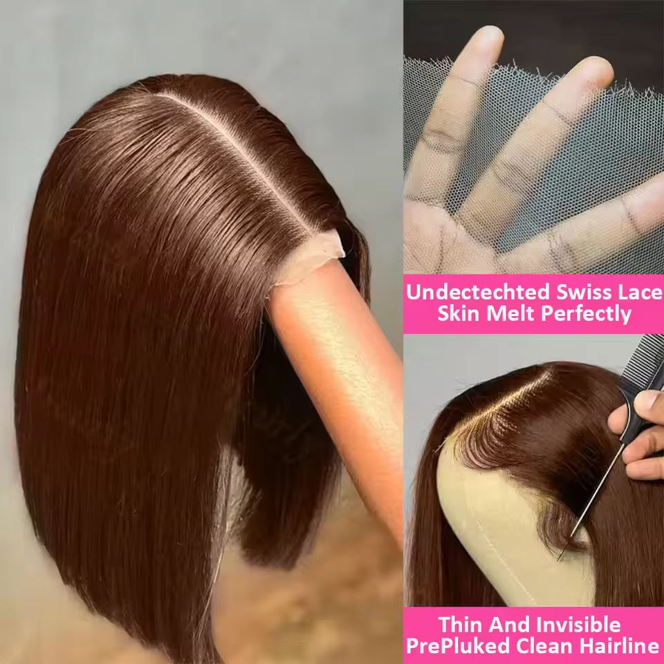 Perruques Bob Courtes Lisses Marron Chocolat 13x4 en Cheveux Humains avec Dentelle Frontale Transpar