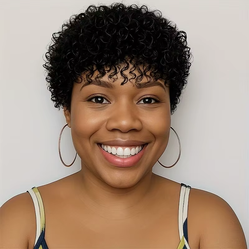 Perruque de cheveux humains Afro crépus bouclés avec frange 4 pouces brésilien Remy coupe lutin eau 