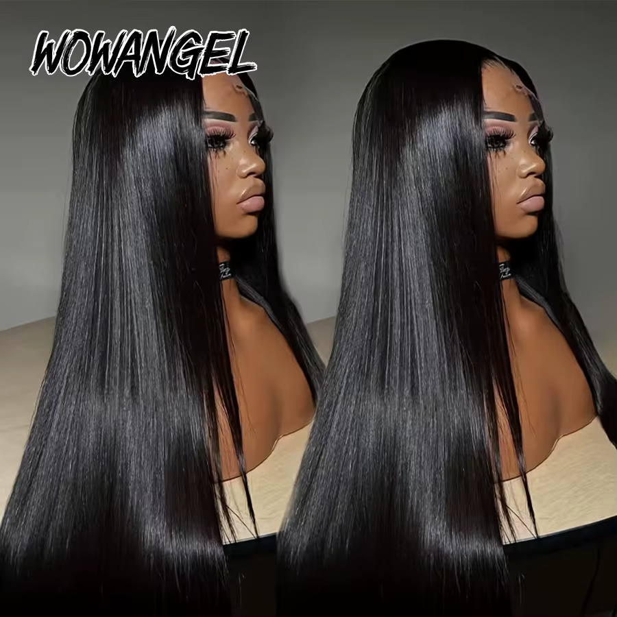 WOWANGEL Perruques lisses noires profondes 13x6 HD Lace Front, 100% cheveux humains, pré-épilées, sa