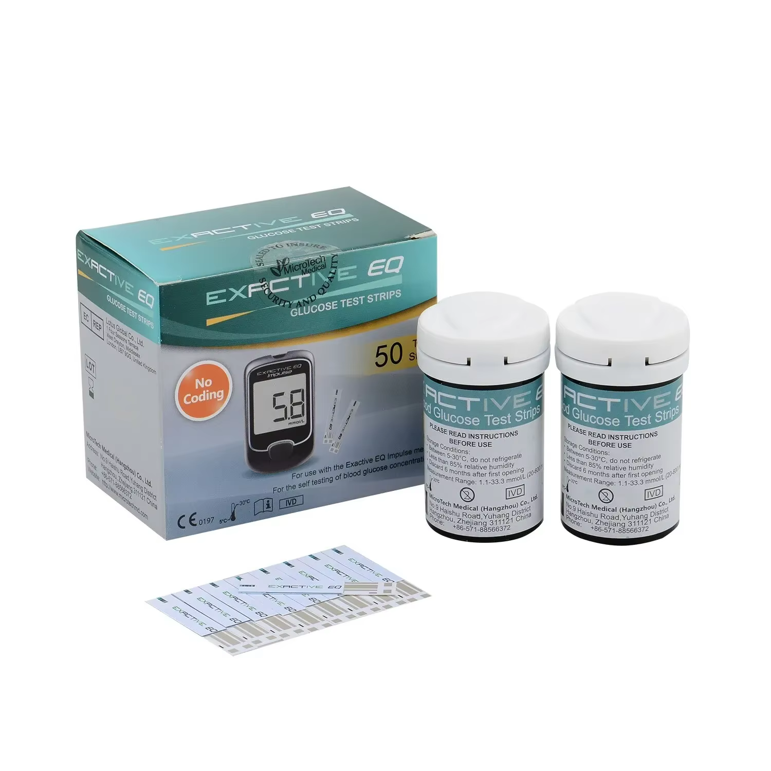 Bandelettes de test EXACTIFES pour la glycémie à impulsion EQ des années 50 + lancettes des années 5