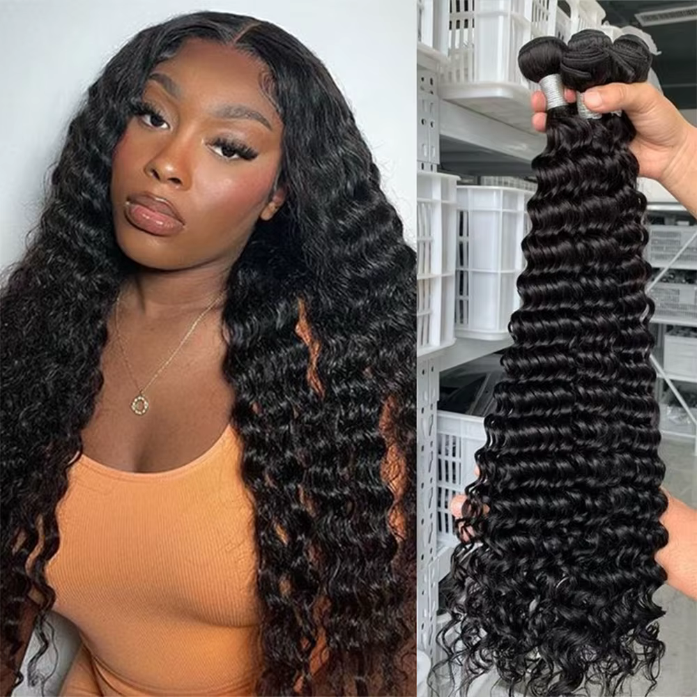Queenlike vague profonde paquets de cheveux humains 24 26 28 pouces paquets bouclés profonds 100% ch