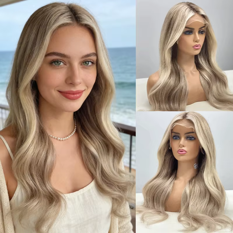 Perruque synthétique longue ondulée ombrée brun cendré blond en fibre Futura, perruque frontale en d