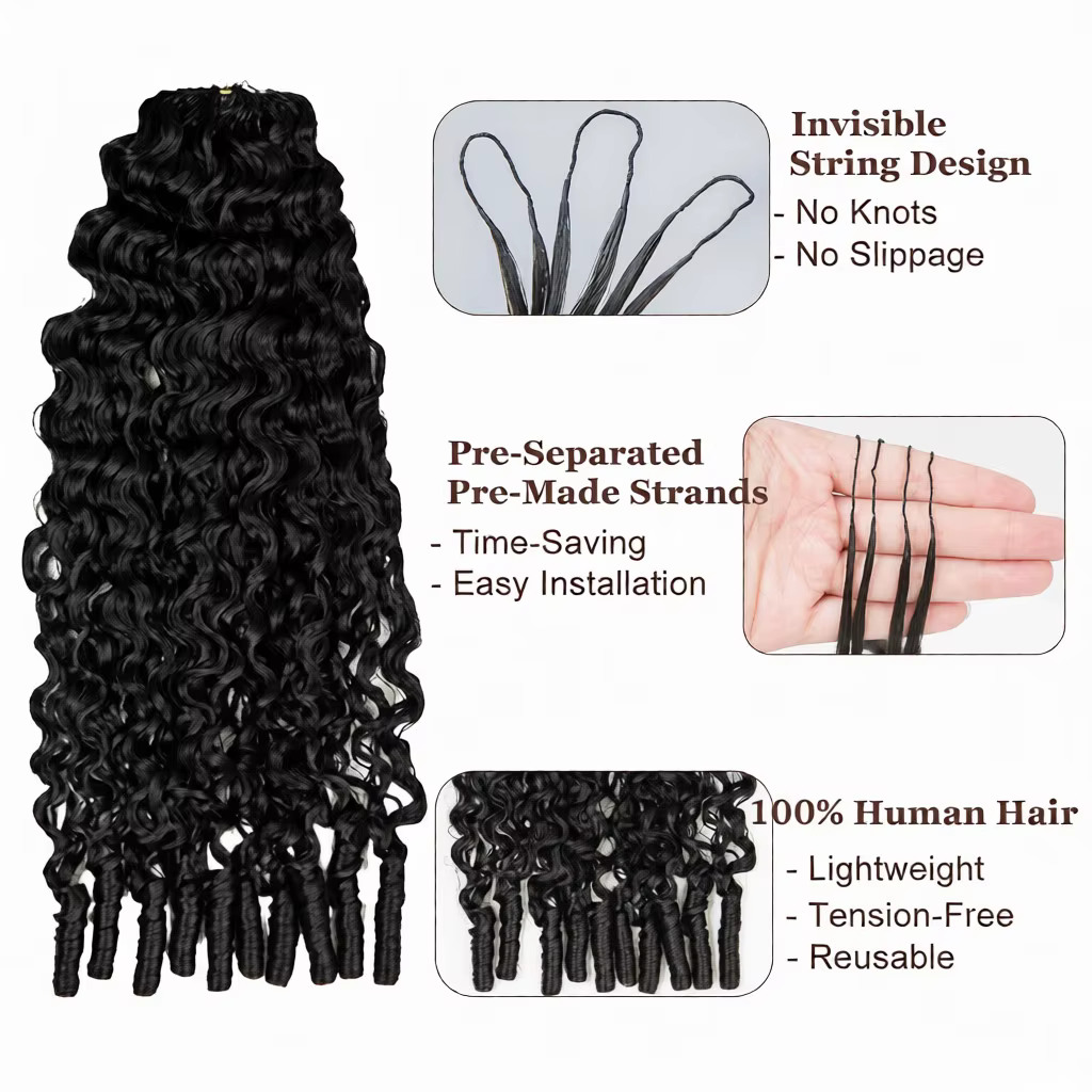 Extensions de cheveux humains bouclés birmans invisibles pré-bouclés avec extrémité spirale, 100 % v