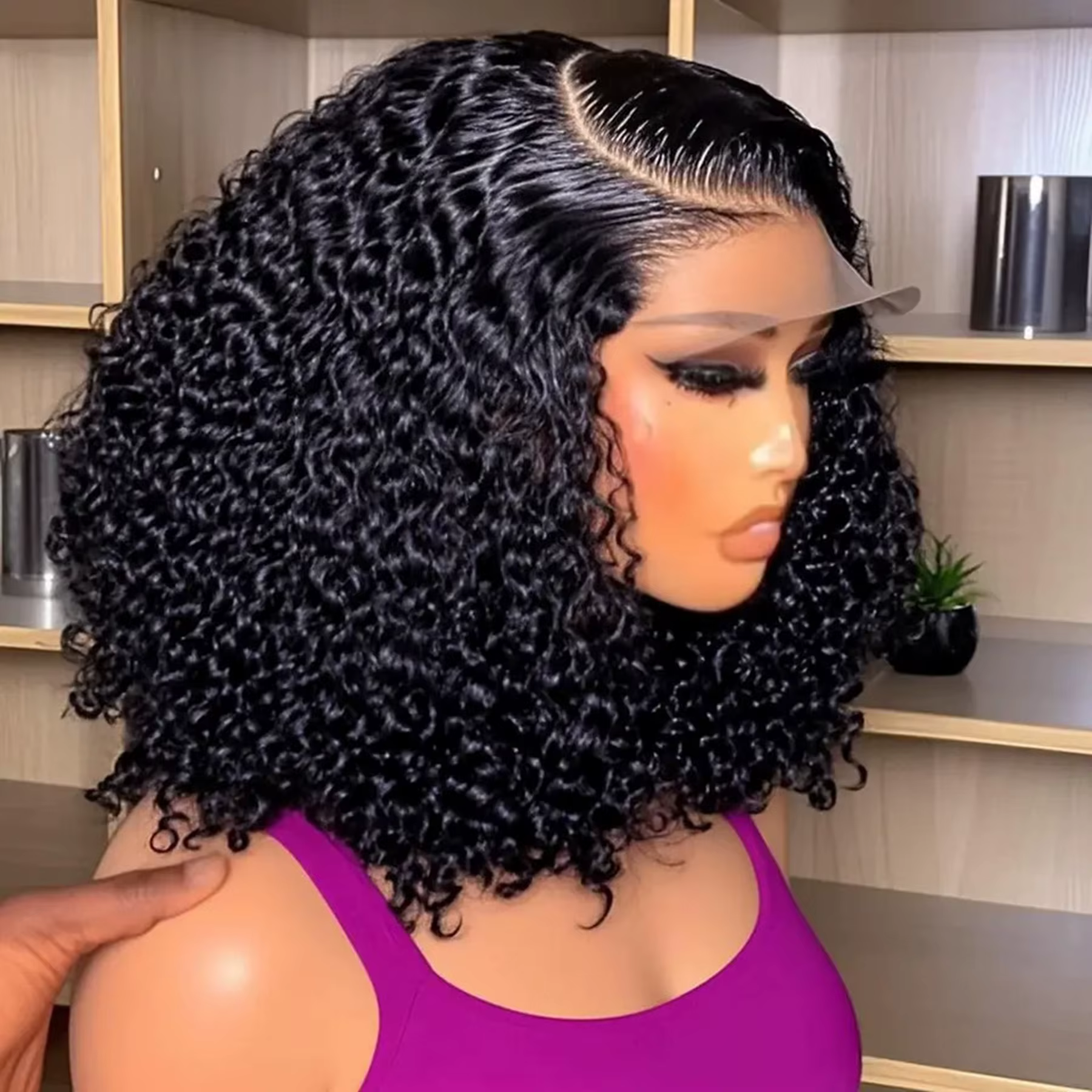 Perruque Lace Frontal Wig synthétique bouclée et crépue, coupe Bob courte, 13x4, pre-plucked, avec c