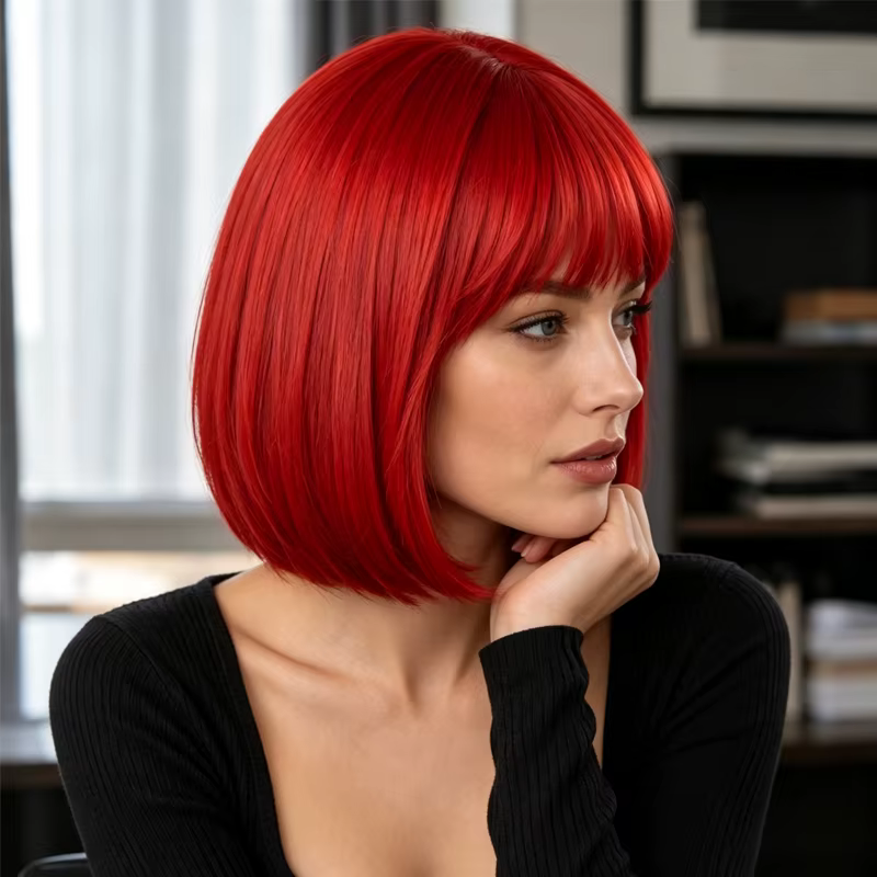 Perruque à franges rouges de 12 pouces, perruque en matière synthétique pour femmes, look pour festi