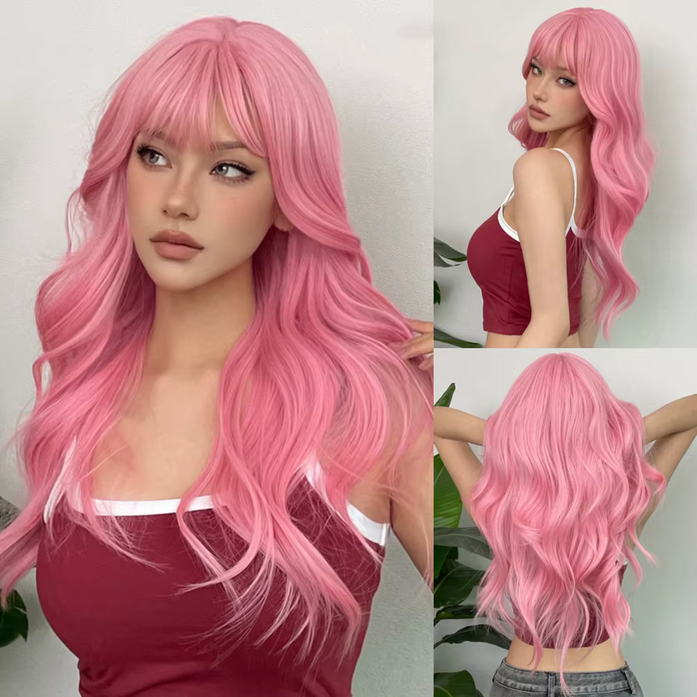 Perruque longue ondulée blanche avec frange, cheveux synthétiques, fibre résistante à la chaleur, as