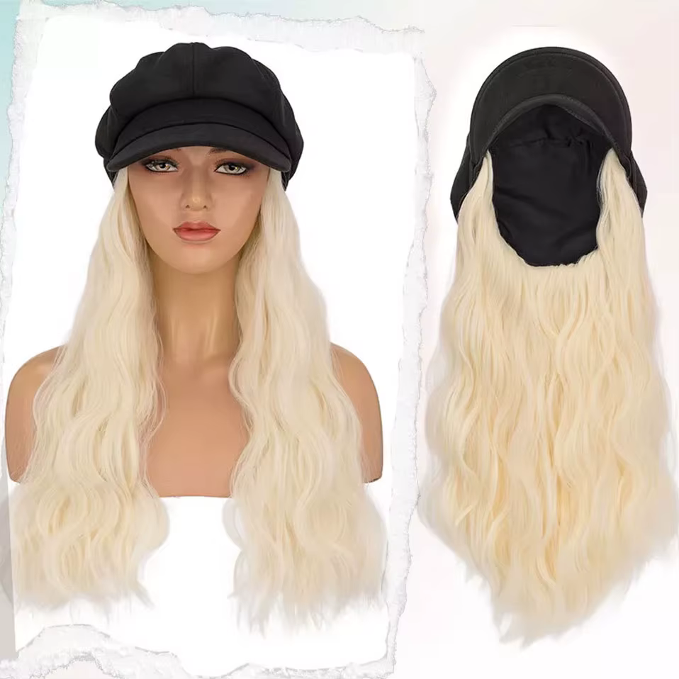 Casquette Newsboy avec Extensions de cheveux Bob, perruque chapeau noir, visière à 8 panneaux, béret
