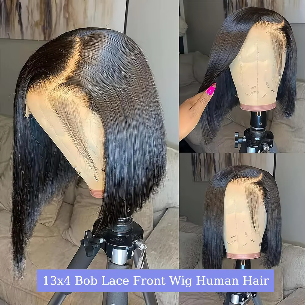 Perruque Bob Lace Frontal Wig naturelle, cheveux courts, lisses, 13x4, 100% cheveux humains, pre-plu