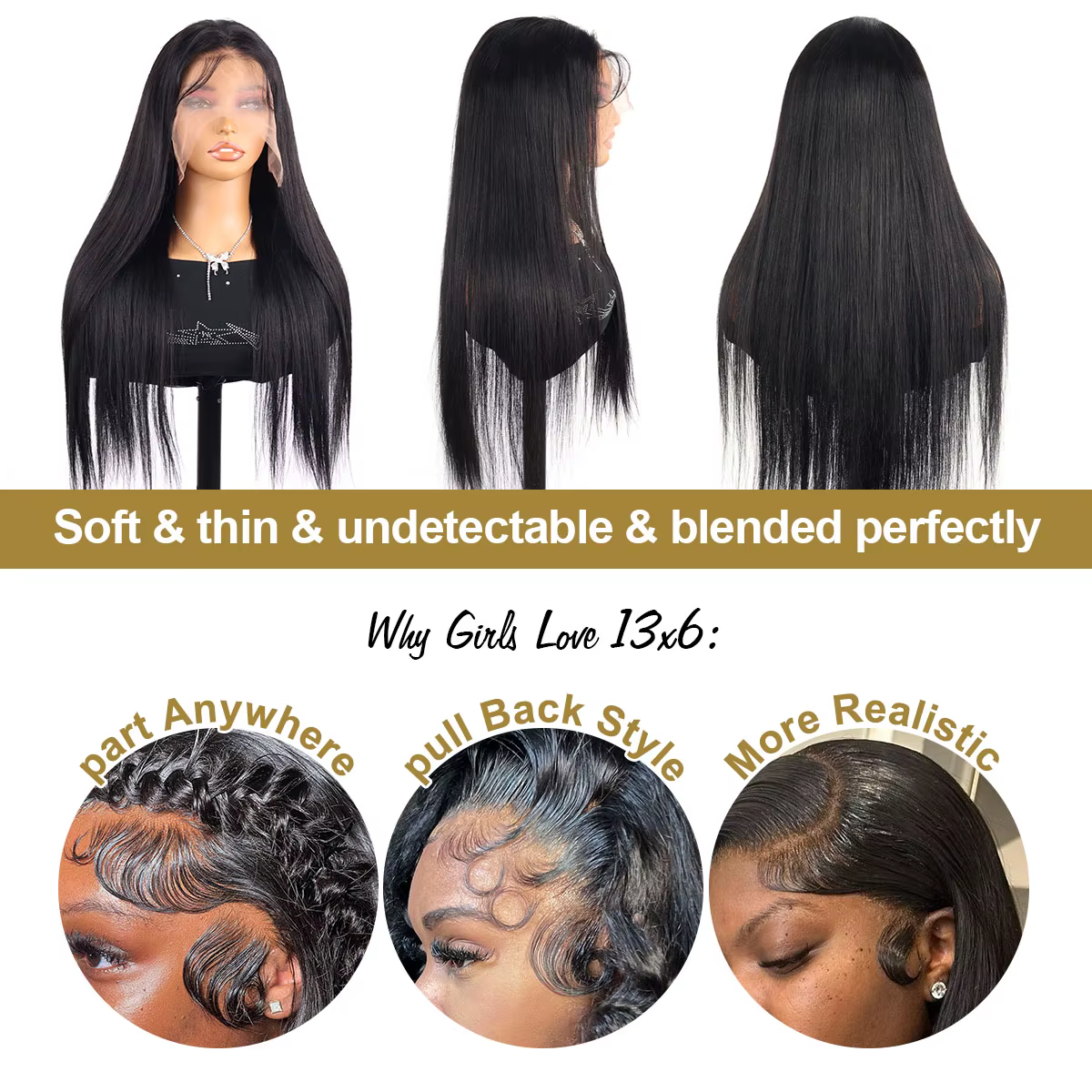 Perruques en cheveux humains bruts lisses HD 13x6 de 30, 40, 42 pouces, densité 250, perruque fronta