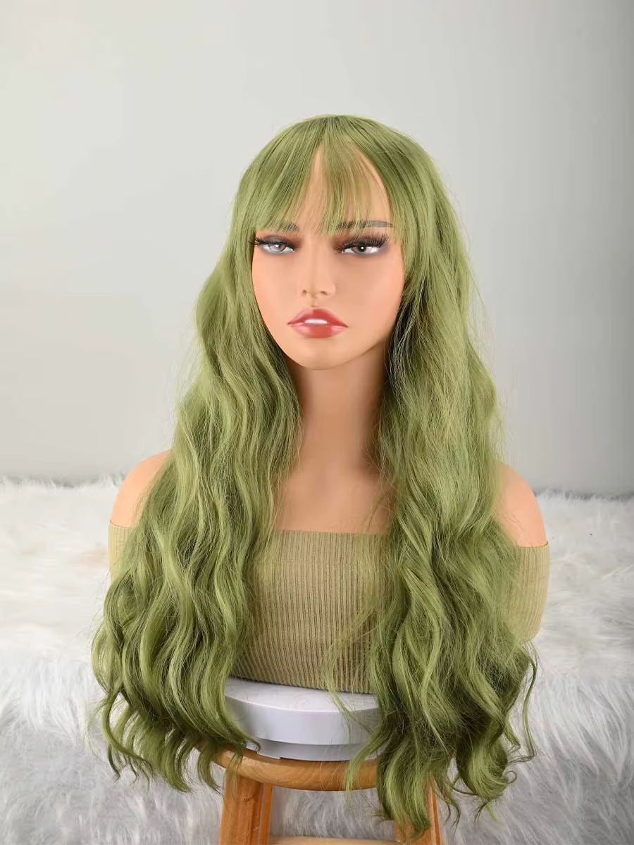 Perruque longue verte avec frange, perruque de cosplay synthétique en fibres capillaires naturelles