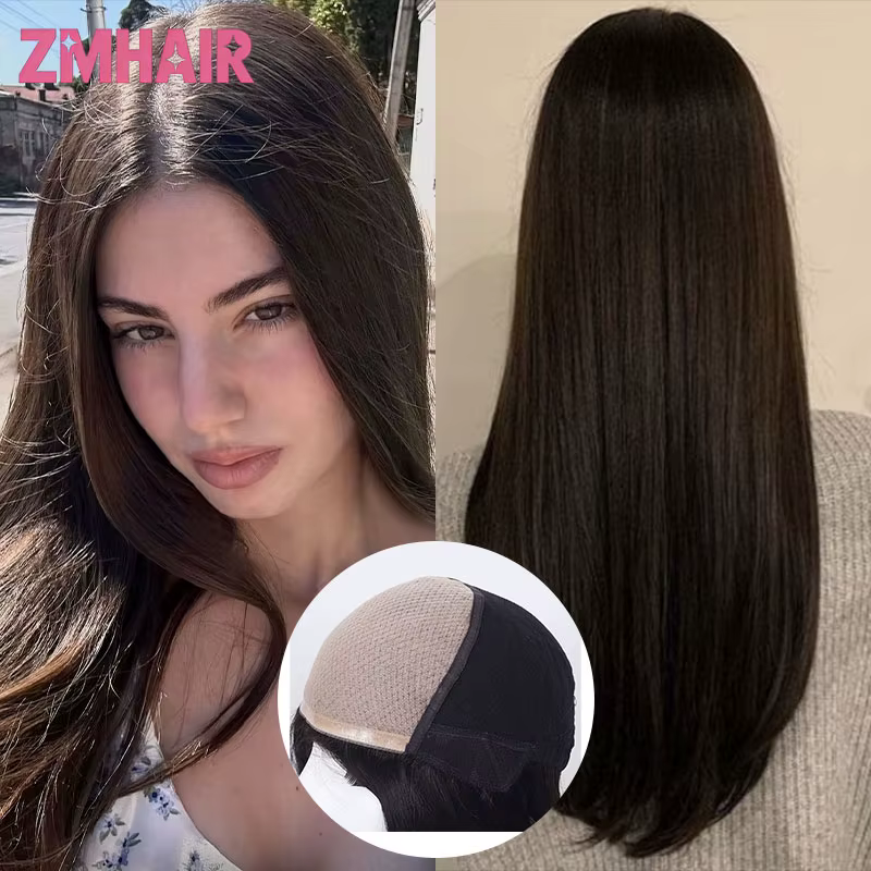 Perruque en cheveux humains malaisiens, densité 180%, raie centrale, base en soie, cheveux lisses et