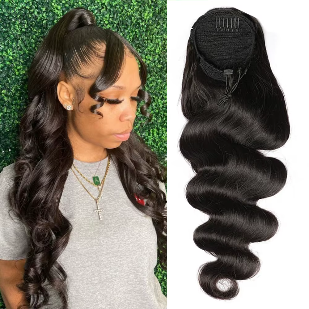 Queue de cheval Body Wave en cheveux humains naturels, avec cordon de serrage, extensions à clipser,