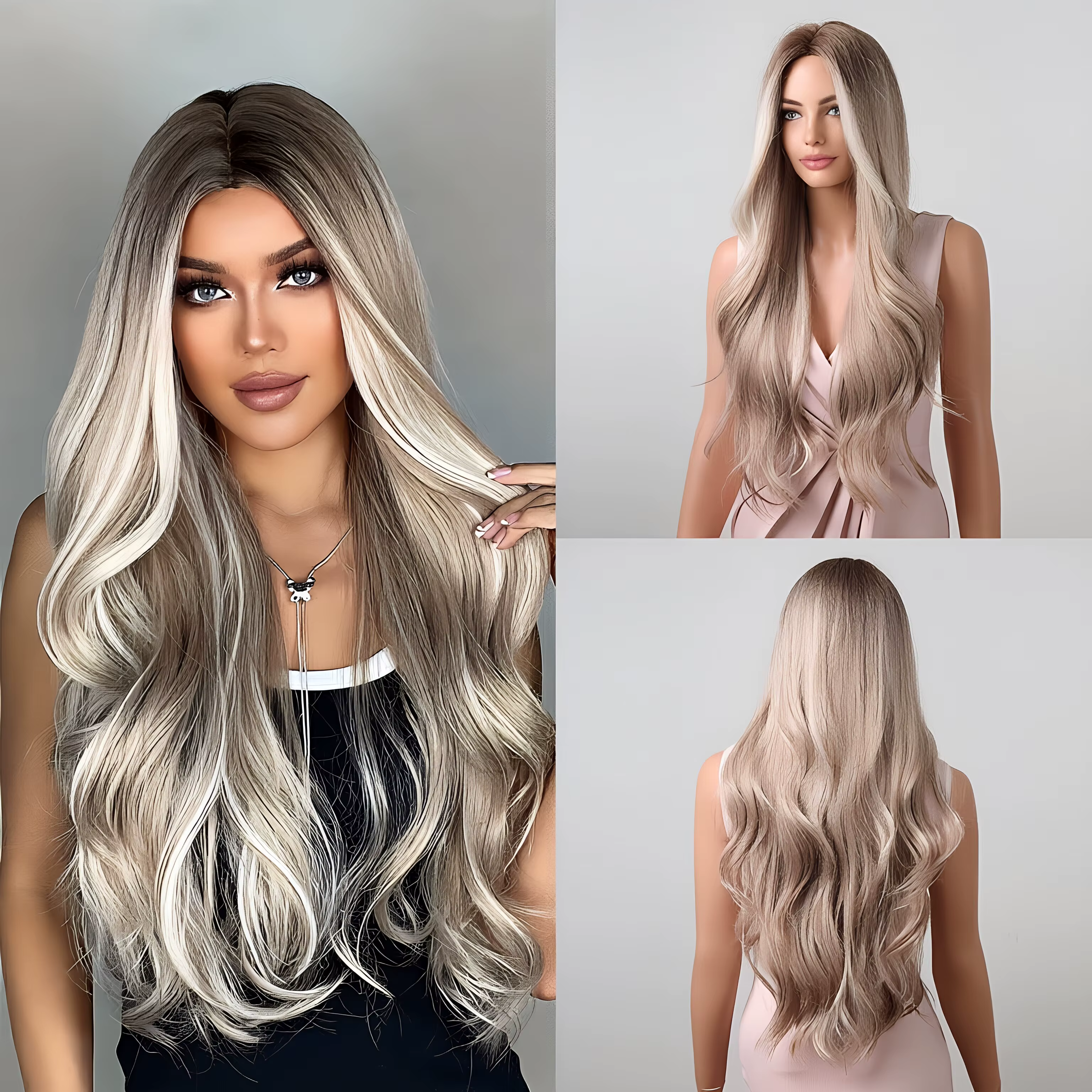 Perruque synthétique longue ondulée pour femmes, perruque de cheveux blond cendré ombré avec raie au