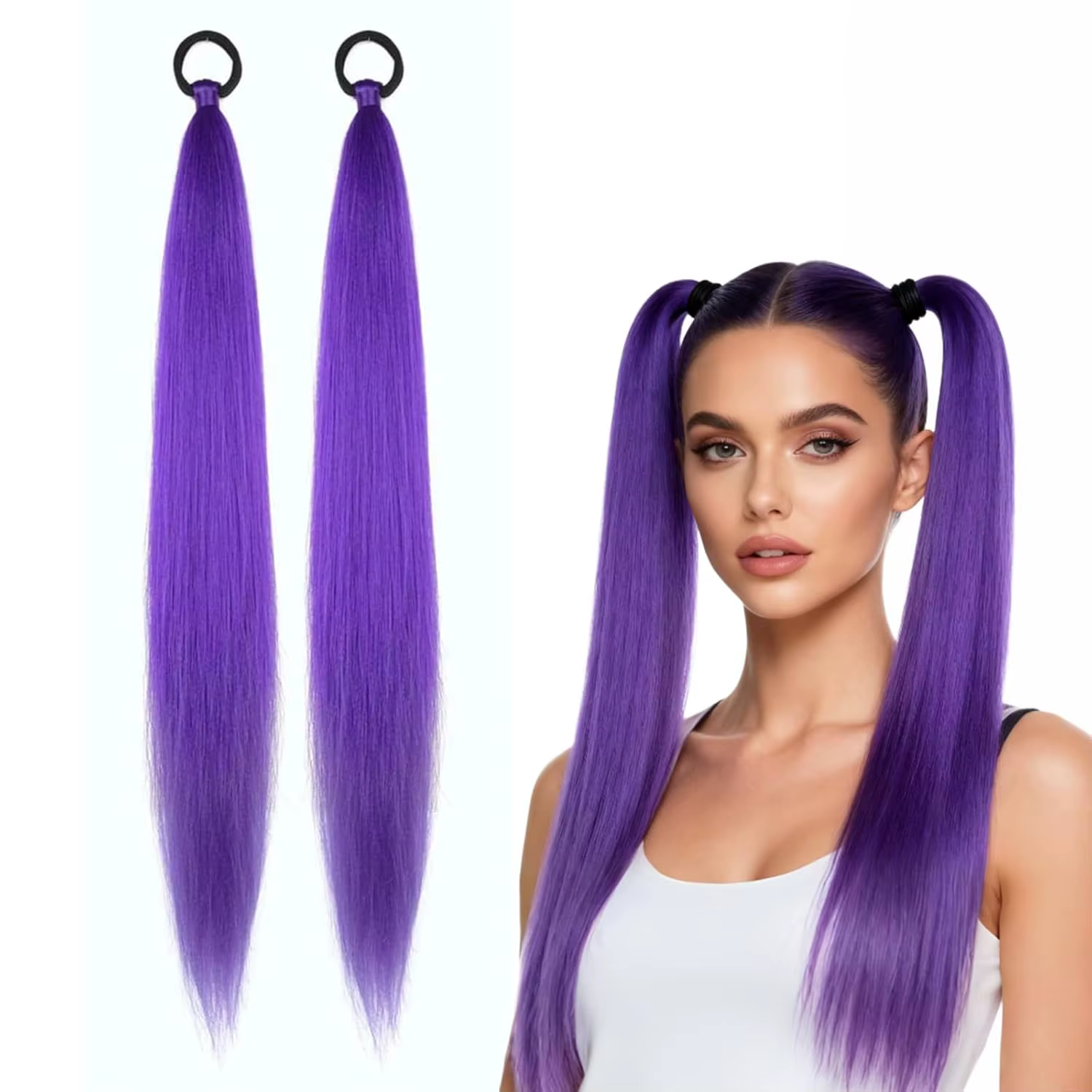 Extension queue de cheval synthétique violette, 2 pièces, avec élastique, postiche longue et lisse t