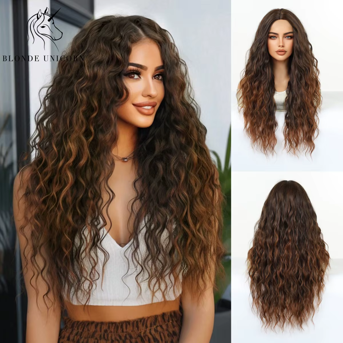 Perruque synthétique bouclée ombrée brun blond pour femmes, raie au milieu, longue, volumineuse, rés