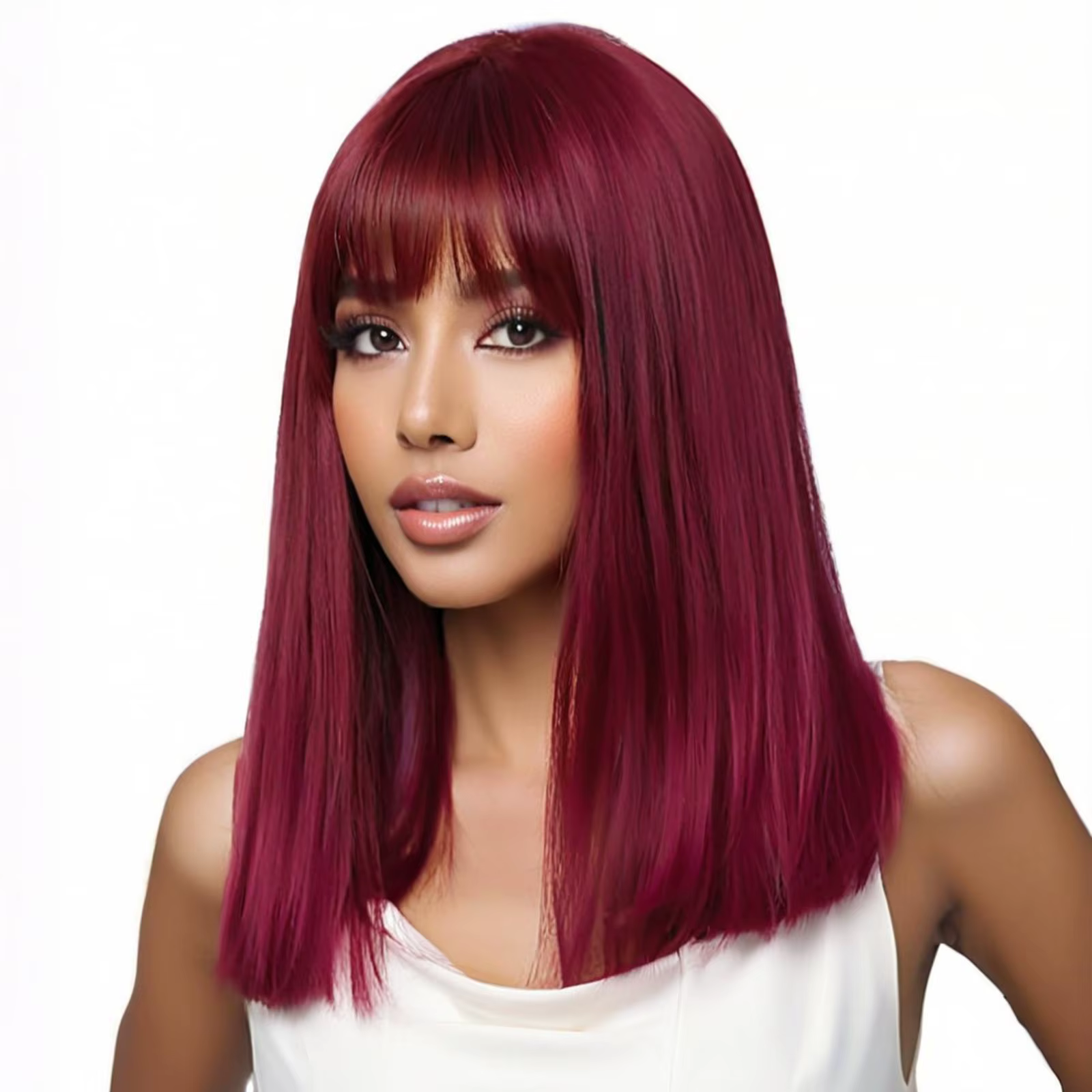 Perruque synthétique longue et lisse rouge vin pour femmes, avec frange Royal Sister Qi, cheveux à l