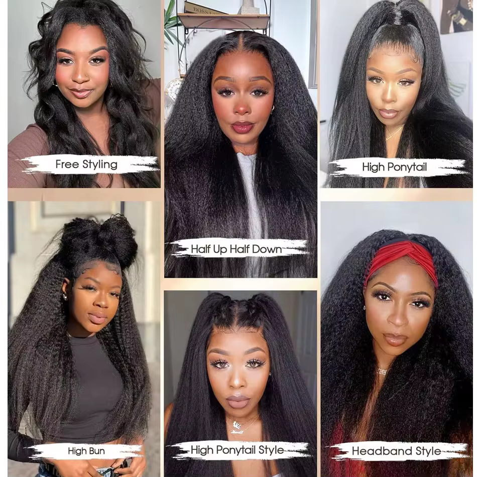 Perruque mi-tête Kinky Straight en cheveux humains, sans colle, prête à porter, 3-en-1, avec cordon