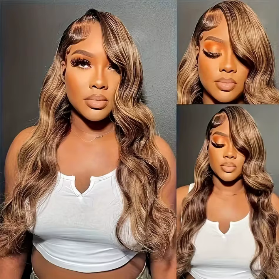 Perruques en cheveux humains ondulés Body Wave avec mèches 4/27, perruque frontale HD transparente 1