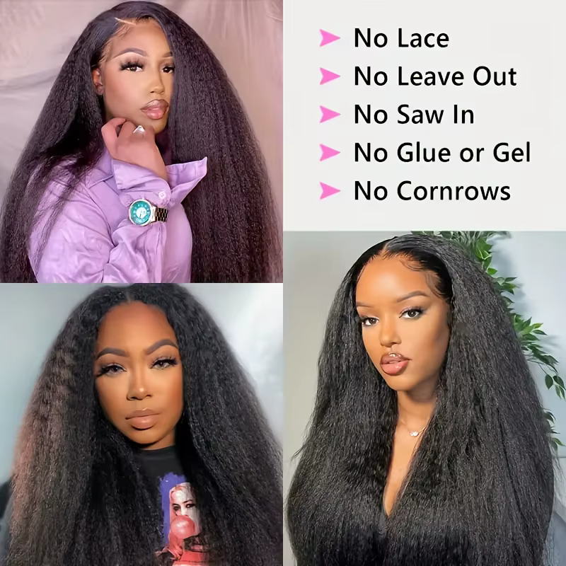 Perruque Yaki lisse crépue avec raie en V, cheveux naturels sans colle, couleur noire naturelle, san