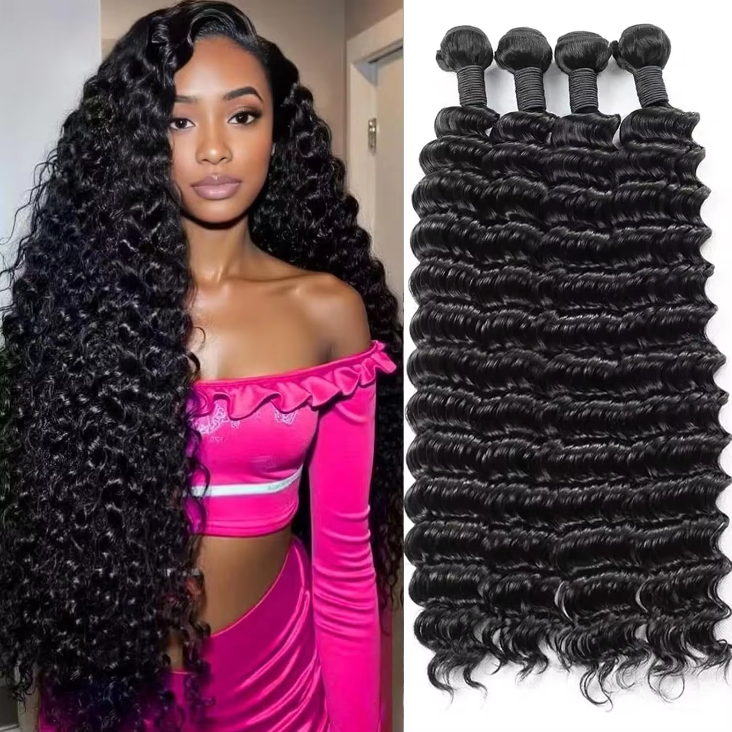 Extensions de Cheveux Humains Brésiliens Remy Longs, Couleur Naturelle, Bundles Profonds, 1/3/4 Pièc