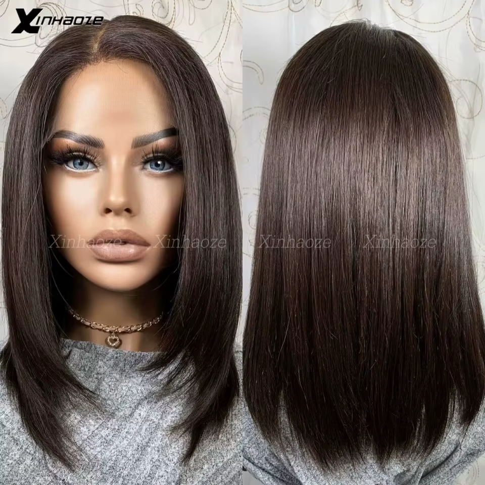 Perruque Bob Lace Wig brésilienne Remy naturelle, cheveux courts lisses, brun foncé #2, 13x4/13x6