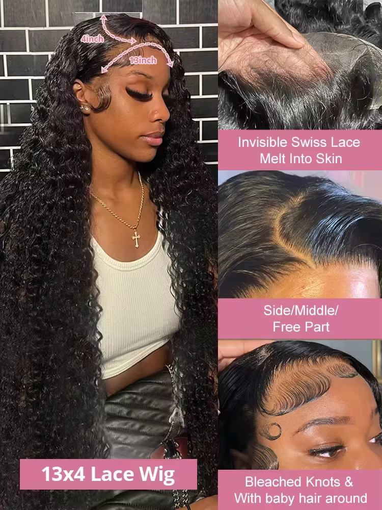 40 46 pouces vague profonde 13x6 13x4 dentelle avant perruque de cheveux humains 200% Remy Curl 360