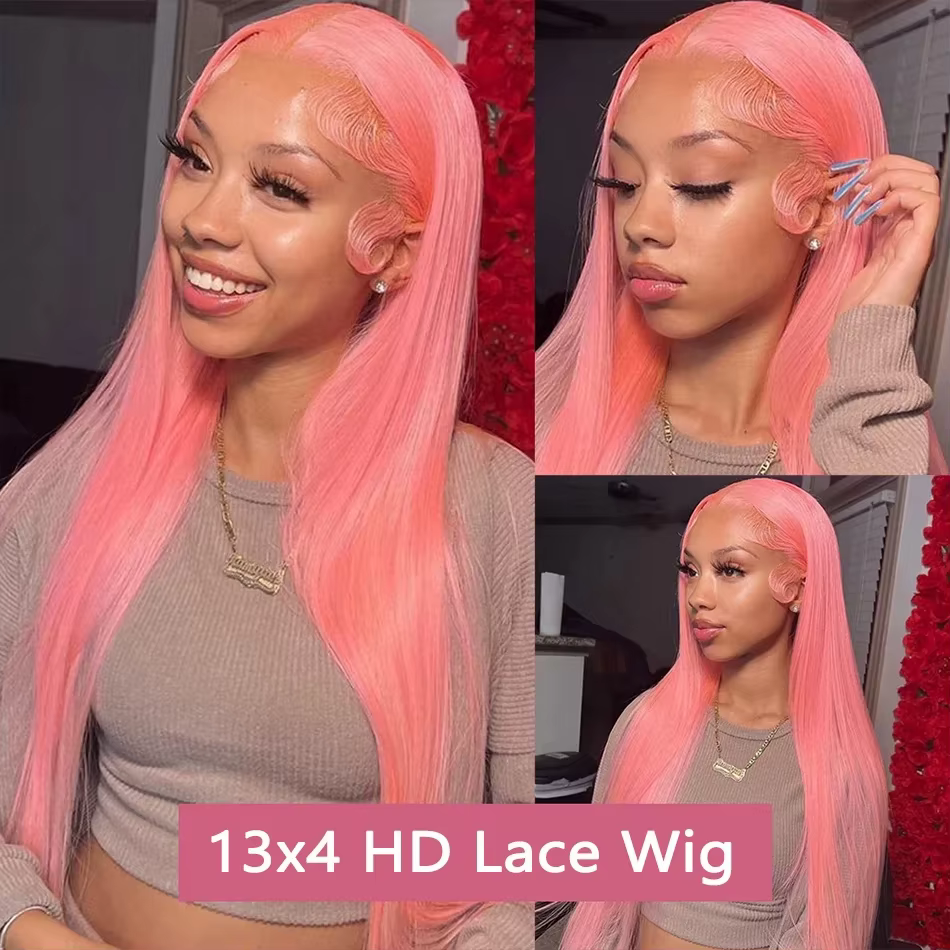 Perruques Lace Front HD 13x6 en cheveux humains, couleur rose clair, lisses comme des baguettes, pou