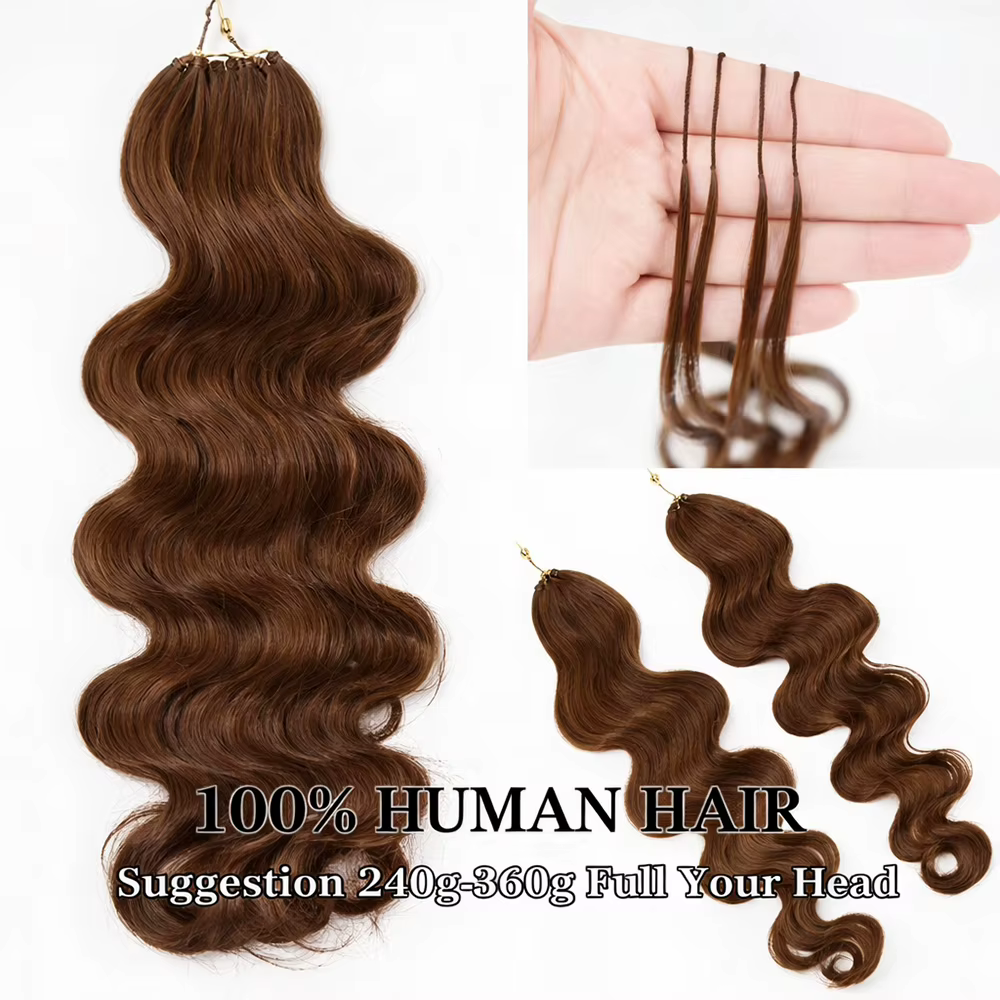 Sans couture # 4 Miracle Knots - Extensions de cheveux humains 100% naturels, ondulés, brun foncé, p