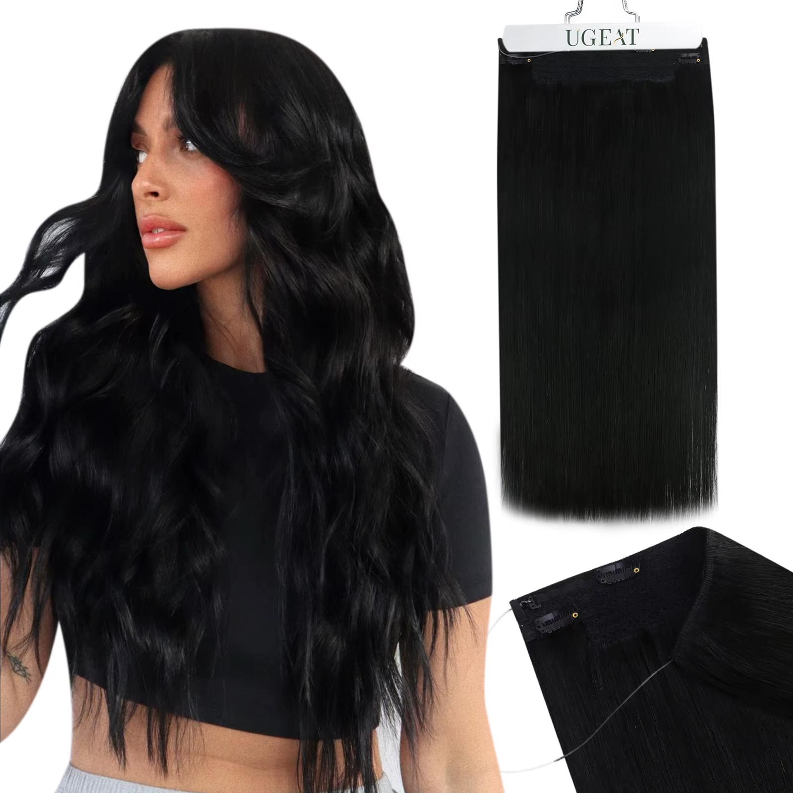 Ugeat Wire-Extensions de Cheveux Humains, Noir Naturel, Vrais Cheveux de Ligne de Poisson, Trame de