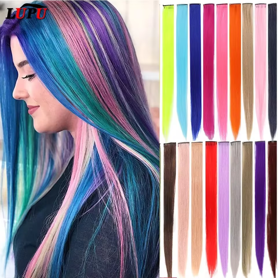 Extensions de cheveux synthétiques colorées de 22 pouces, longues et droites, arc-en-ciel, pour femm