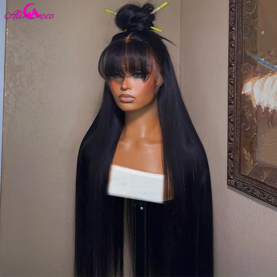 Perruque Lace Front 13x4 Lisse avec Frange, Couleur Naturelle, Dentelle Transparente, Cheveux Humain