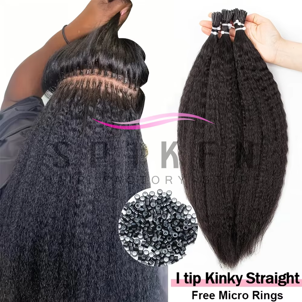 Extensions de cheveux humains naturels noirs, lisses et crépus, à pointe en I, micro-liens, Yaki lis