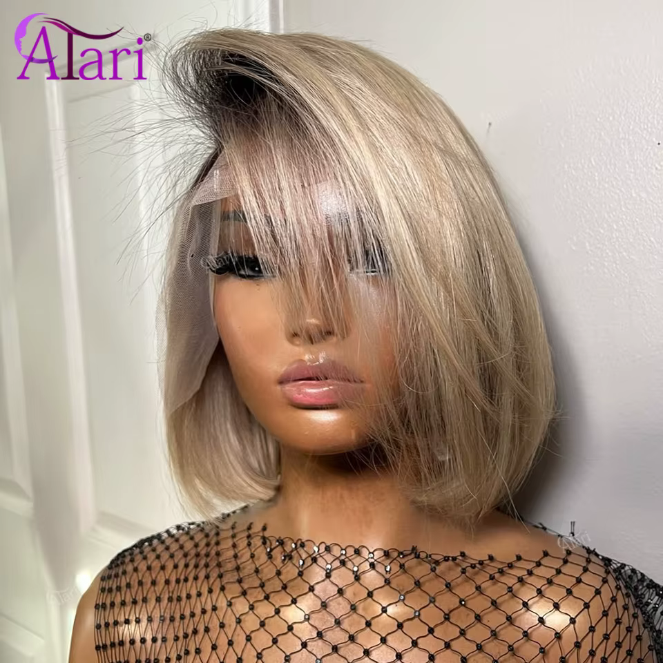 Perruques Bob Courtes en Cheveux Humains Couleur Blond Ombré avec Racines Brunes, Densité 180, Front
