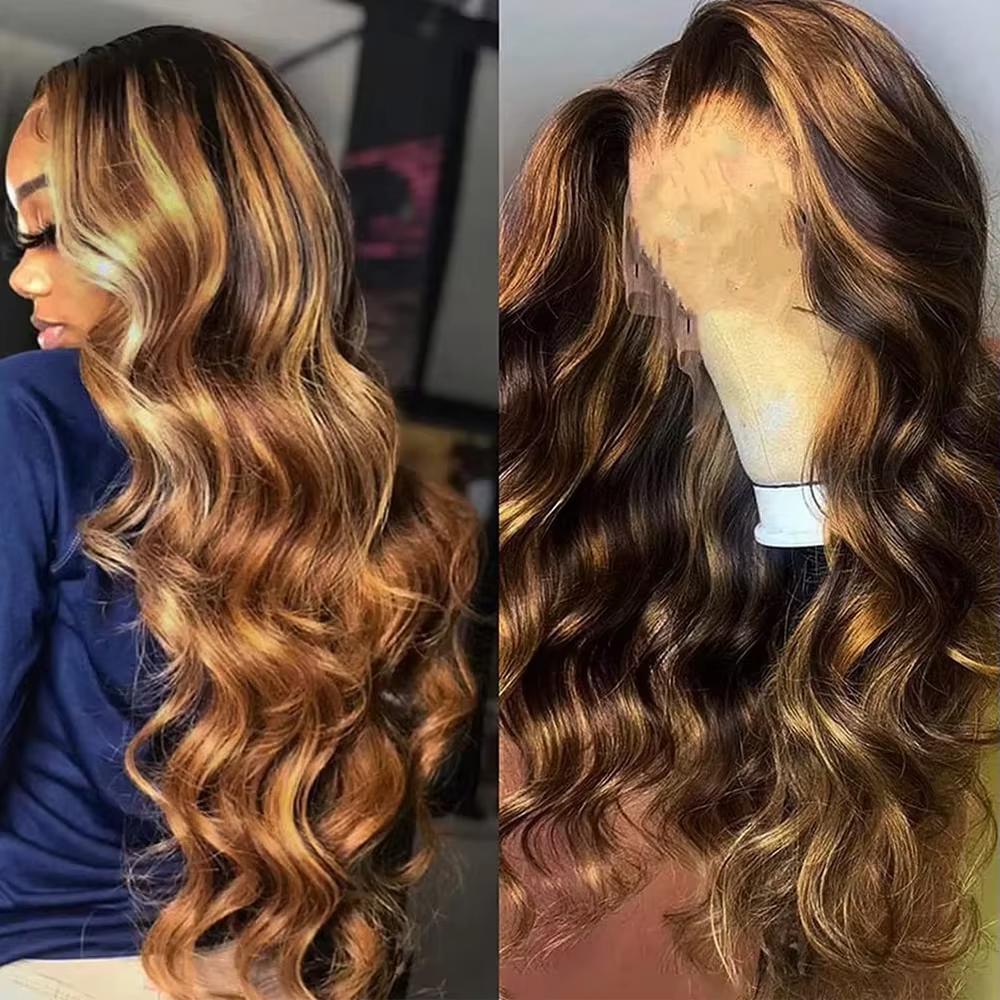 Perruque Highlight en Cheveux Humains Naturels P4/27 Blond Miel, Perruques Lace Front 13x6 en Cheveu