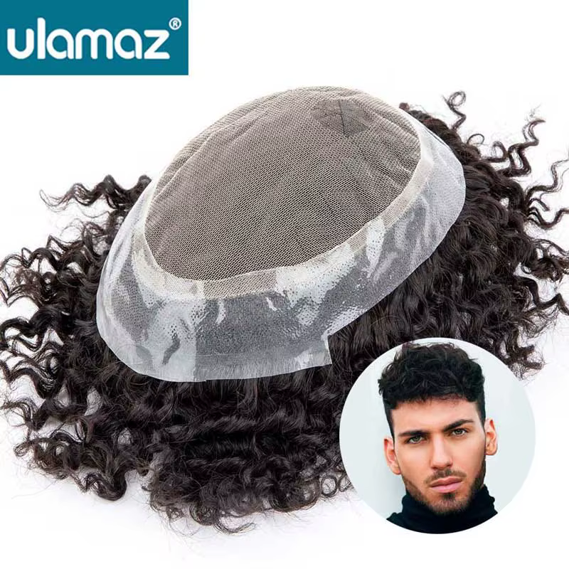 Australie toupet cheveux hommes système de cheveux bouclés pour hommes Pu peau dentelle hommes perru