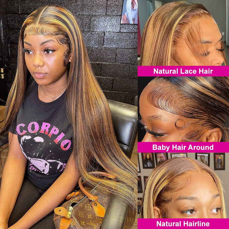 Perruque Lace Frontal Wig naturelle lisse à reflets, 13x6 Hd, 13x4, P4/27, couleur marron ombré, pou