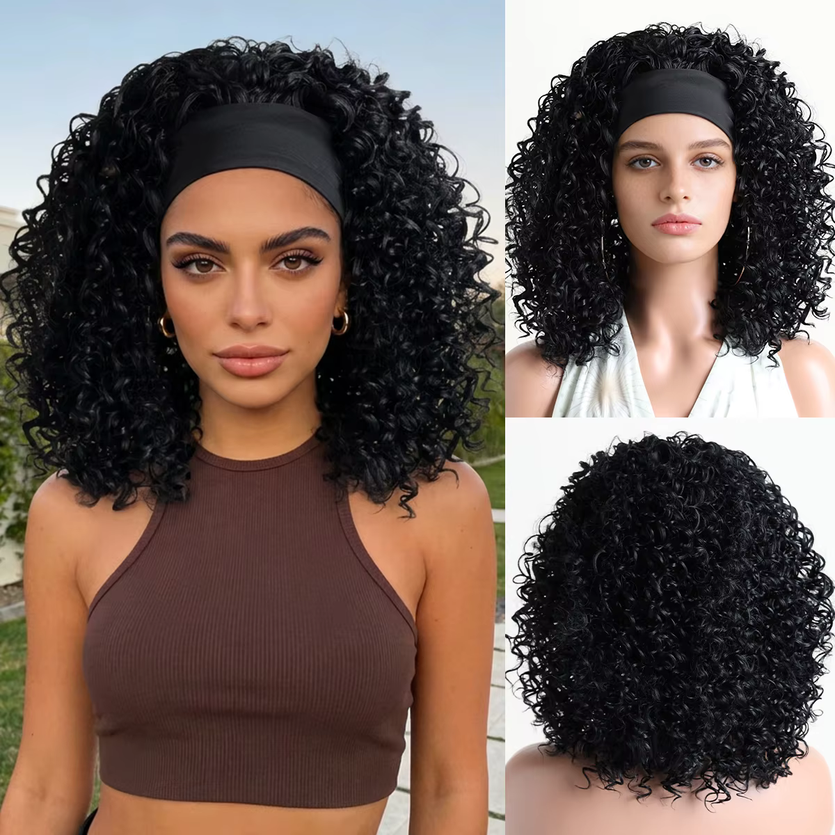 Perruque bandeau 16 pouces pour femme, sans colle, afro bouclée, synthétique, avec bandeau réglable,