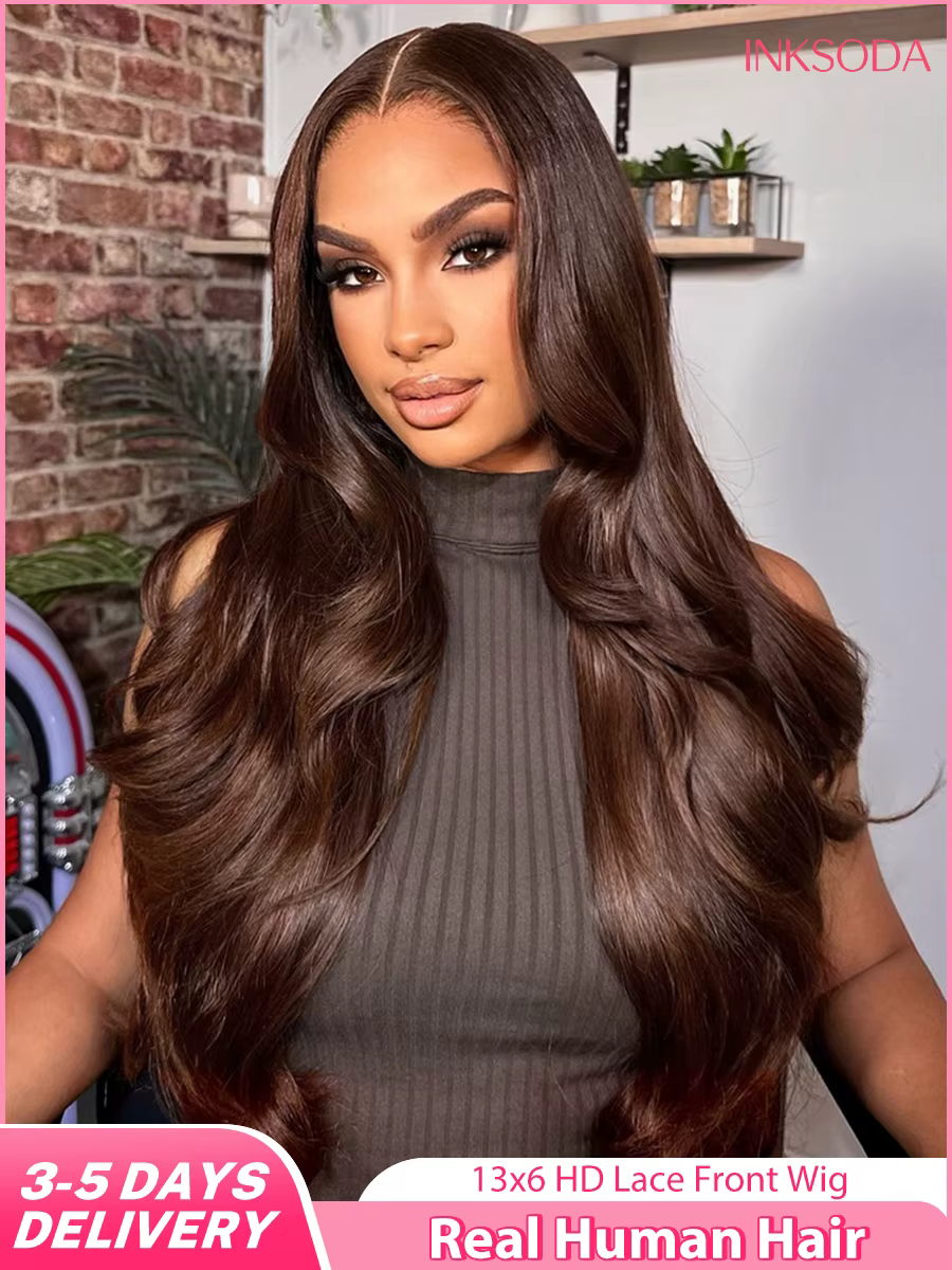 Perruque Lace Frontal Wig Body Wave brésilienne naturelle, cheveux vierges, brun chocolat, 13x4, 13x